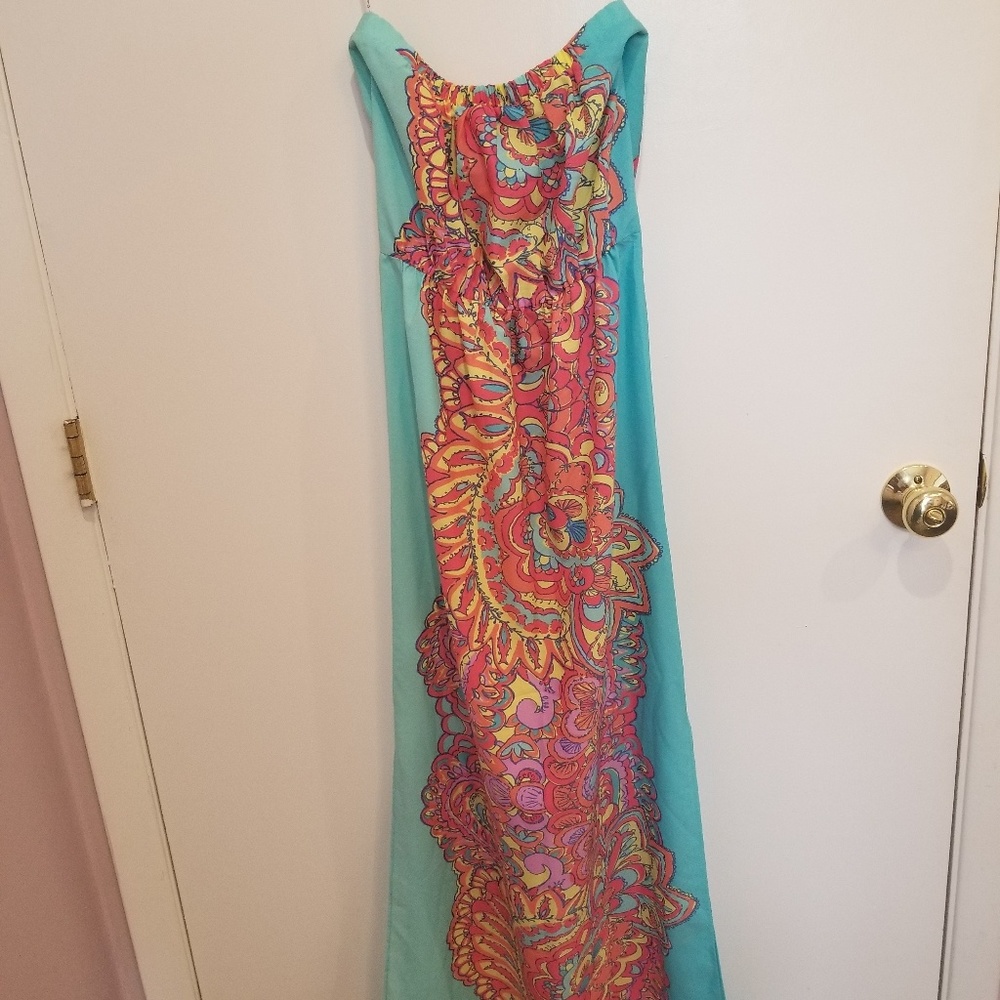 Lilly Pulitzer long aqua floral strappless size sm